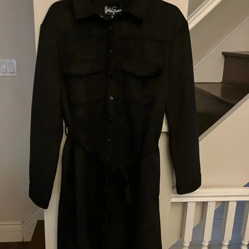 NWOT Lesley Evers Black Suede Shirtdress - Picture 6 of 9